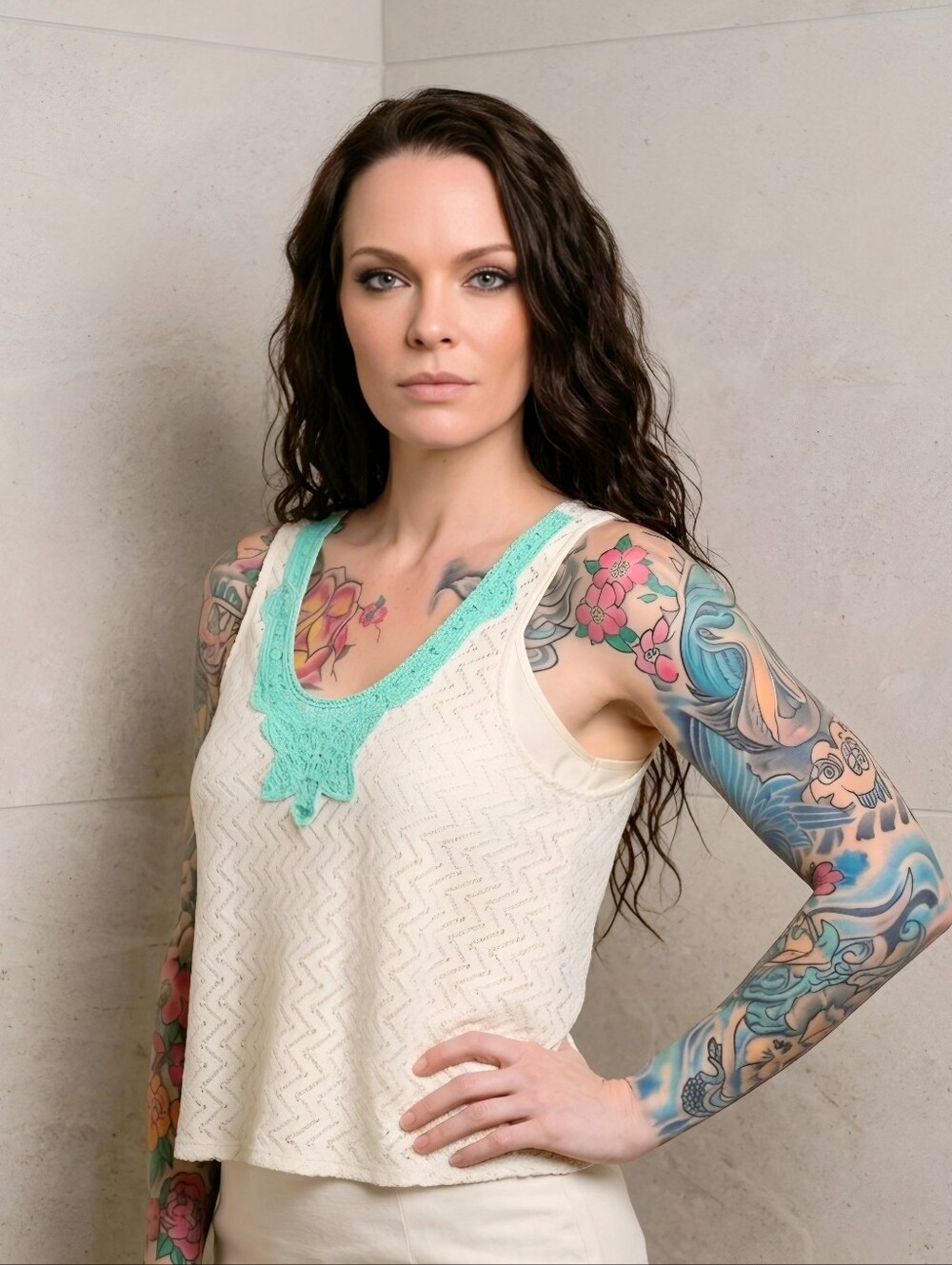 Lush Chevron Tank Top White Teal Lace Applique Slit Back Crochet Layer Sz L EUC